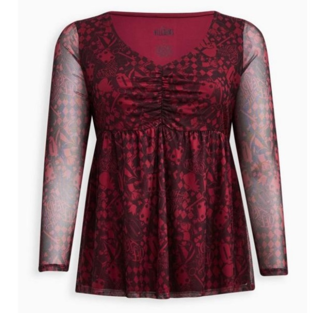 TORRID NWT DISNEY VILLAINS LONG SLEEVE CINCH FRONT TOP MESH QUEEN OF HEARTS